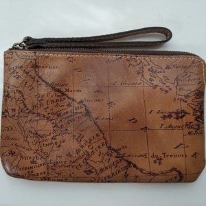 Patricia Nash brown map leather wristlet